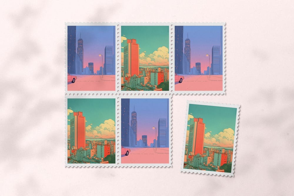 Cityscape Illustration Postage Stamp Mockup